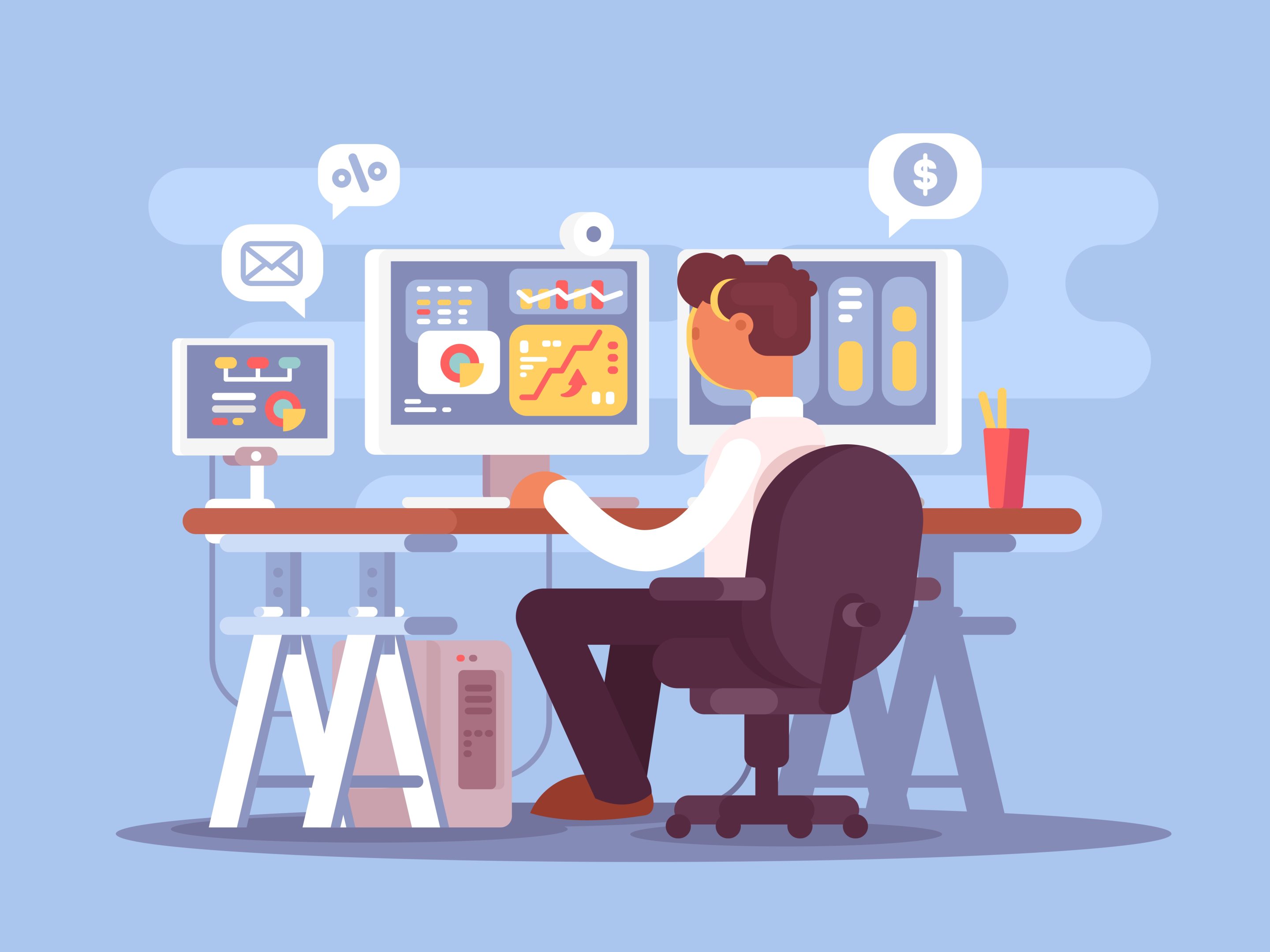 trader trader sits in armchair and looking at market fluctuations.